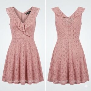 TMG New York Womens Skater Dress Medium Pink Lace Ruffle V-Neck RJD211 Excellent